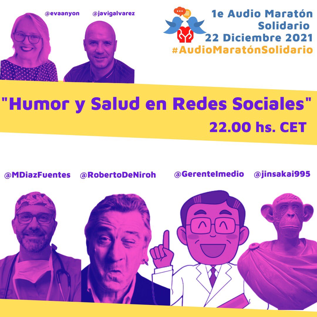 El próximo miércoles 22 también en el #AudioMaratónSolidario Otra forma de ver las RRSS con @MDiazFuentes <a href="/RobertoDeNiroh/">Roberto De Niro</a> @JinSakai995 <a href="/GerenteImedio/">🟣 gerente_imedio</a> y <a href="/DoctorSITHo/">Doctor Vader</a> 
🥁🥁”Humor y Salud en RRSS” y todo en beneficio de <a href="/PolandAESIP/">AESIP | Síndrome de Poland</a> <a href="/MenudosMenudos/">Menudos Corazones</a> y <a href="/APUpablougarte/">APU Pablo Ugarte</a> 
🕙22:00hrs