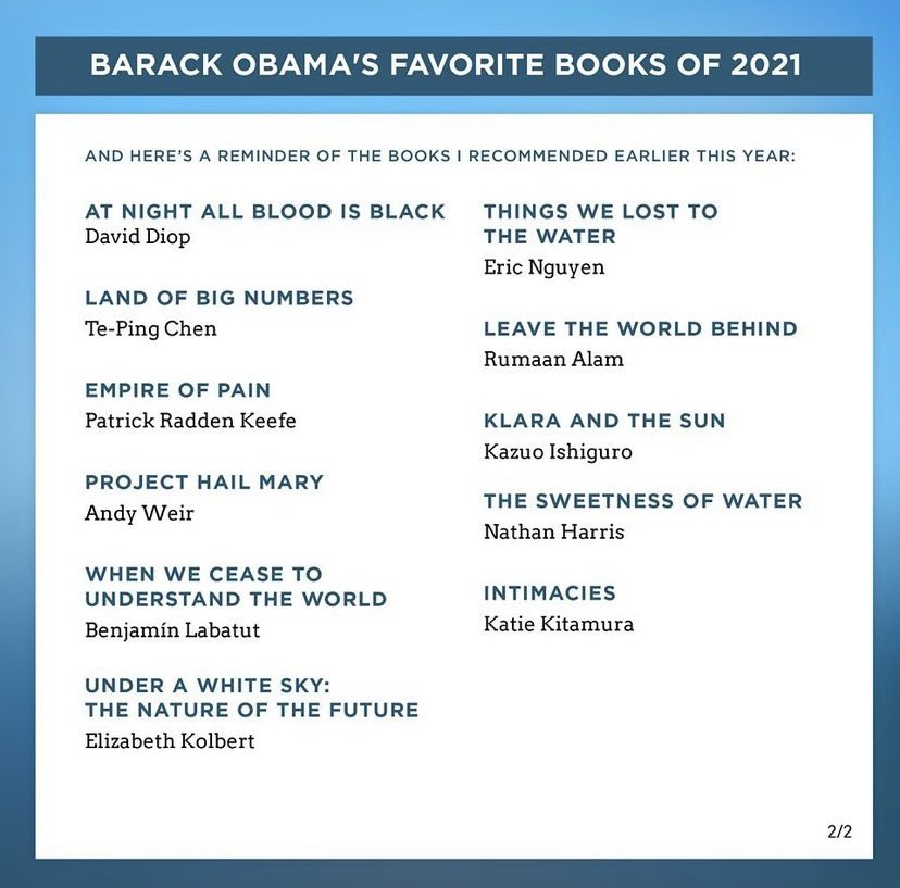 ShirleyVarnagy's tweet photo. El expresidente de EE.UU. @BarackObama ya dio a conocer sus favoritos del 2021: canciones, películas y libros. ¿Cuáles son los de ustedes? https://t.co/BxofmyhA3H