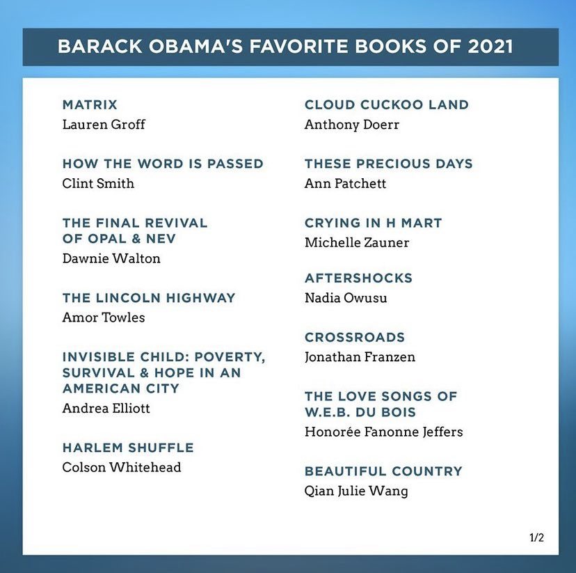 ShirleyVarnagy's tweet photo. El expresidente de EE.UU. @BarackObama ya dio a conocer sus favoritos del 2021: canciones, películas y libros. ¿Cuáles son los de ustedes? https://t.co/BxofmyhA3H