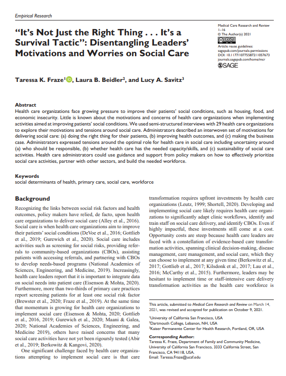 🚨New Pub!🚨 Check out MCRR's newest article, “'It’s Not Just the Right Thing . . . It’s a Survival Tactic”': Disentangling Leaders’ Motivations and Worries on Social Care'! You can read it now at journals.sagepub.com/doi/full/10.11…!