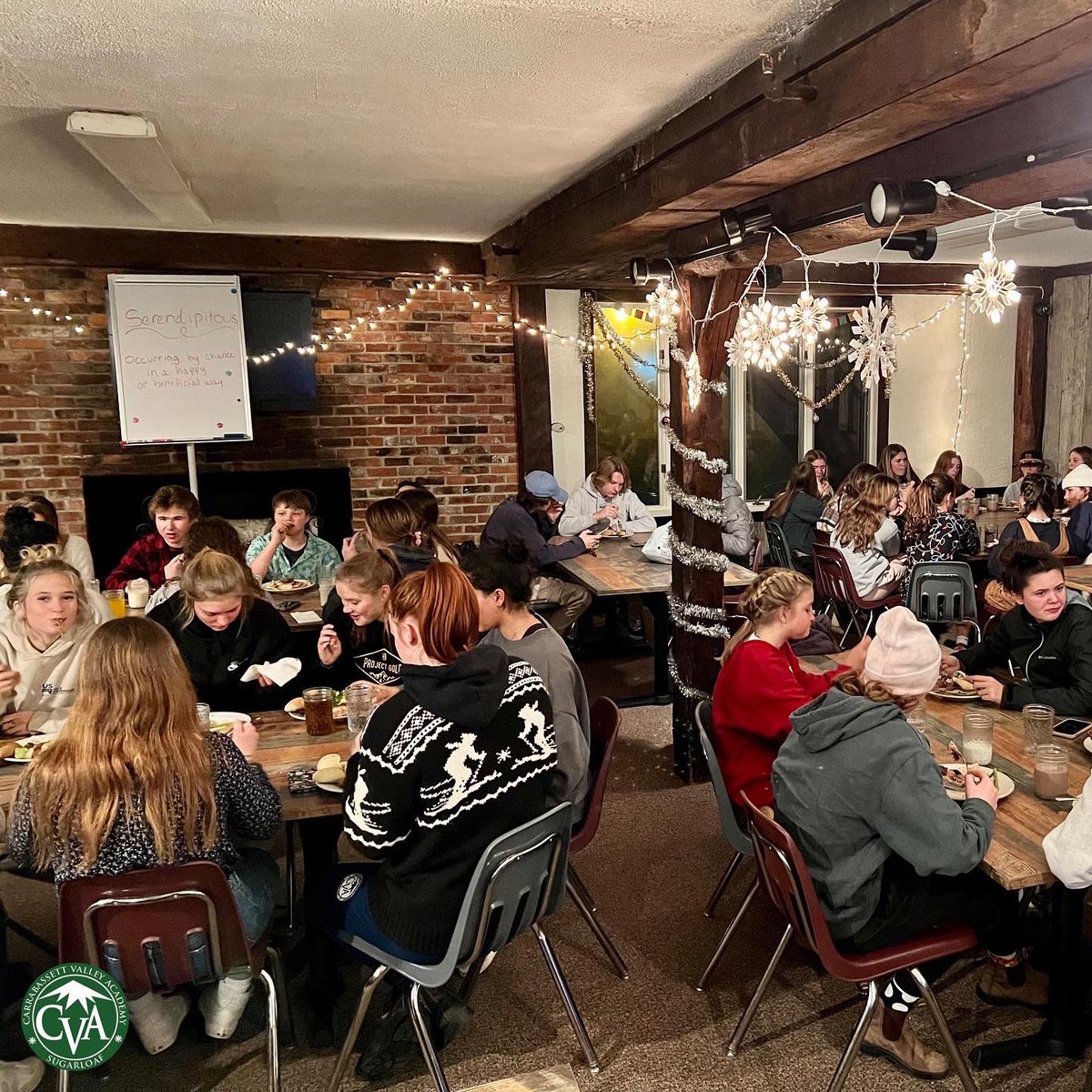 GoCVA's tweet photo. A Big Dog thank you goes out to our Kitchen Staff for preparing an incredible holiday dinner, and to our PSO for dessert night. Dinner, desserts, and holiday smiles were had by all - what could be better?!  #gocva #holidayparty #maineboardingschools #skiacademy #snowboardacademy https://t.co/OphfAp8hE7