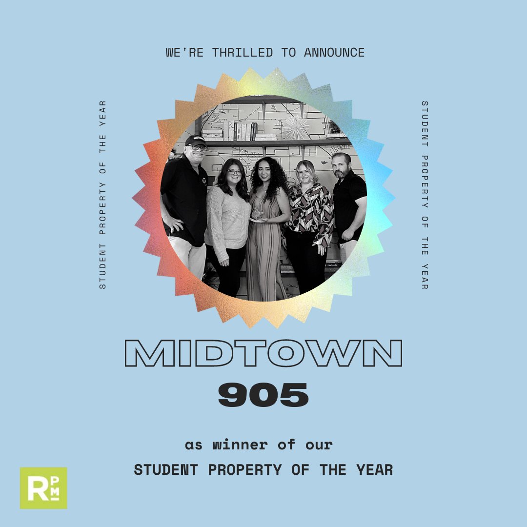 We want to end this week's celebration of our student housing 2021 RPM Award winners with the Student Property of the Year, Midtown 905!! This team has worked hard all year, congrats Midtown on this honor!! #2021RPMawards #StudentHousing #StudentPropertyoftheYear