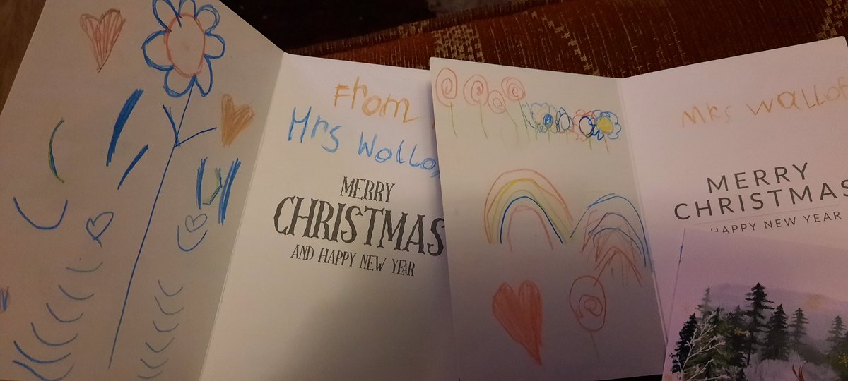 MrsWolloff's tweet photo. Opening my cards at home &amp; I have one from a child in our class &amp; another from his sister in Foundation who I see every lunch. 🥰 my heart ❤ - both complete with pictures. Thoughts and wishes mean so much and I wish everyone at @MowmacreHill staff and children a happy holiday https://t.co/m1CKOOW5Jh