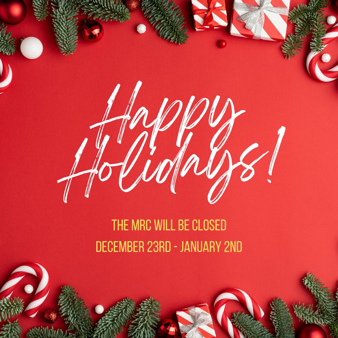 OberlinMRC's tweet photo. The MRC will be closed December 23rd - January 2nd. Happy Holidays! https://t.co/D6iEa84kBm