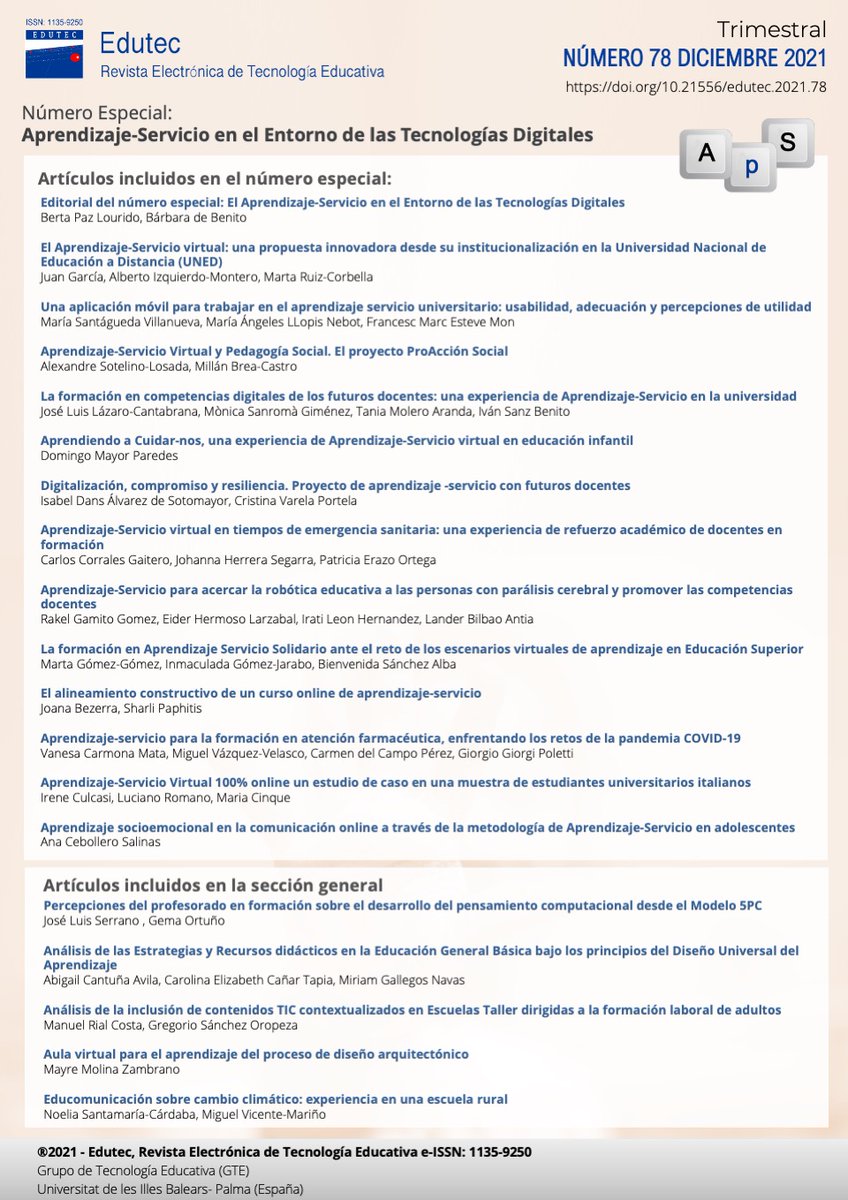 RevistaEdutec's tweet image. 👉Ya está disponible el número especial de EDUTEC (n78): El Aprendizaje-Servicio en el Entorno de las Tecnologías Digitales, coordinado por @LouridoPaz y @bdebenito

bit.ly/3yA3mQ6