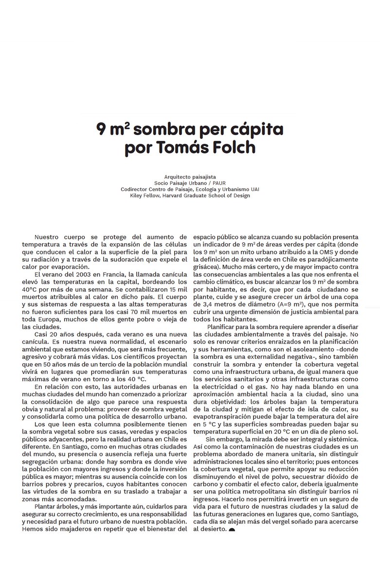 La sombra, o mejor dicho su ausencia, es la expresión de la segregación urbana y un desafío metropolitano. Comparto la columna publicada por @revistaed #9m2alasombra#segregaciónurbana #arquitecturadelpaisaje #infraestructurasocial