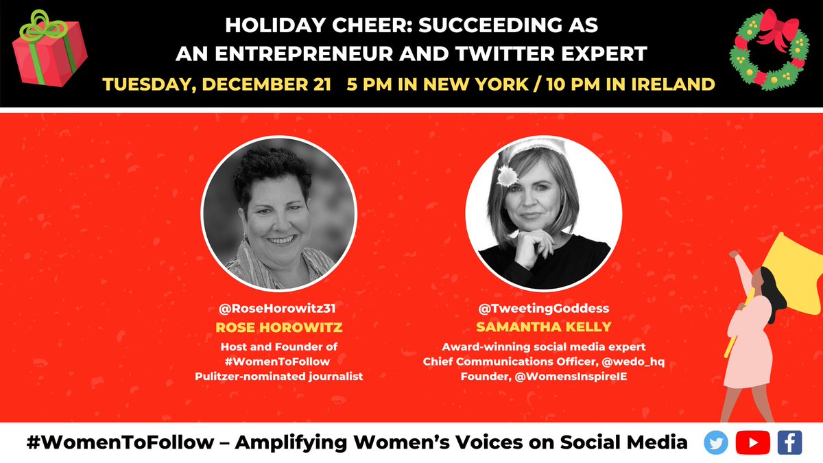 RoseHorowitz31's tweet photo. .@Tweetinggoddess went from being a divorced Mom w/ kids &amp; no income to become a top entrepreneur &amp; Twitter expert 👑

Meet Samantha Kelly on my livestream holiday show for some Irish wisdom &amp; charm🍀🎄

Tues., Dec. 21
5 pm in New York / 10 pm in Ireland

#WomenToFollow💃🏼 📣
1x https://t.co/7ImYTT28OE