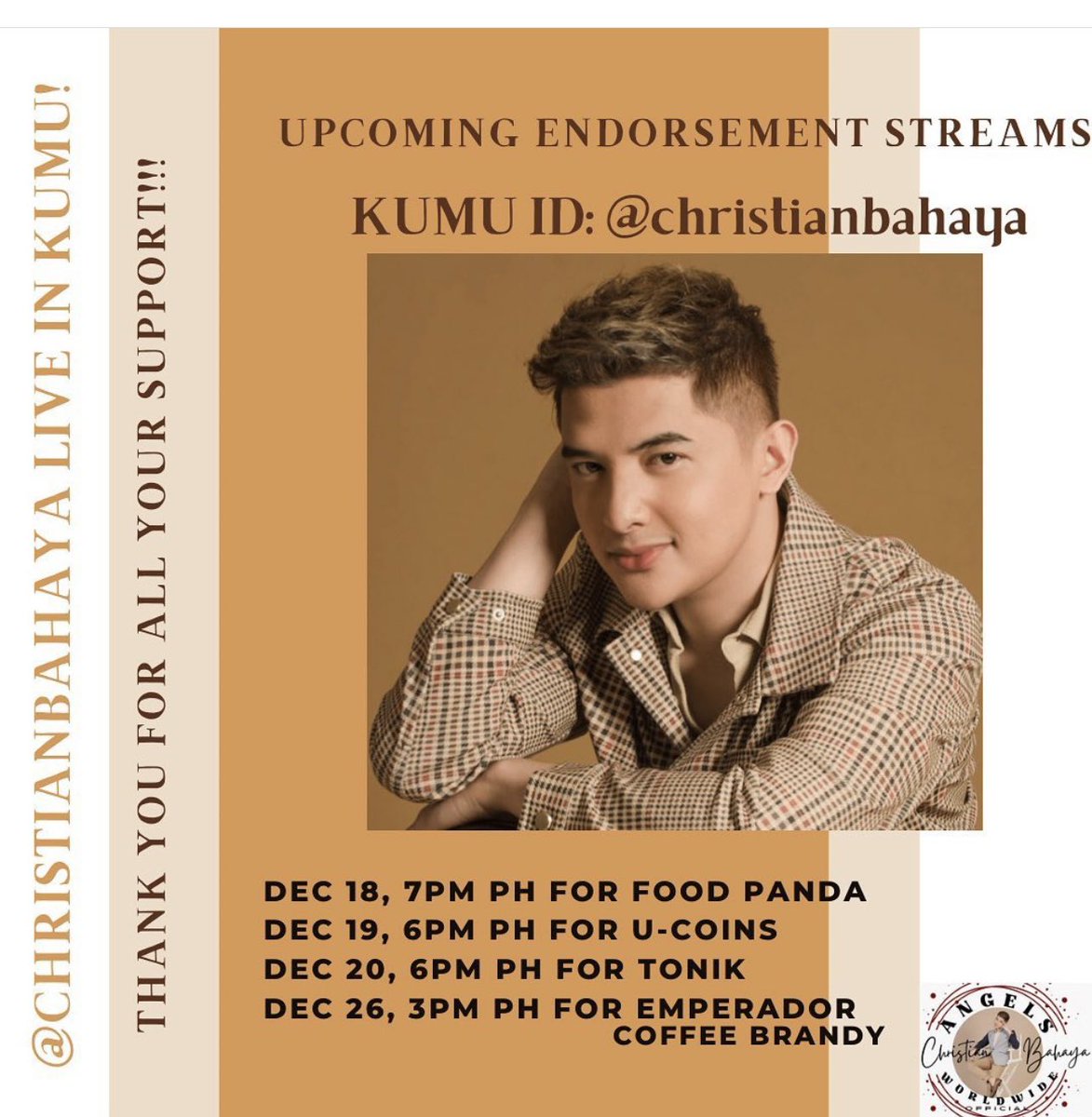 Rosegal0508's tweet photo. Christian Bahaya’s updated upcoming endorsement streams..
Follow /Like / share 
IG 👉🏻 christianbahaya 
FB 👉🏻 ChristianBahayaofficial
Kumu 👉🏻 christianbahaya
Twitter 👉🏻 @christianbahaya  
You tube channel 👉🏻 Christian Bahaya https://t.co/rz68bS8WFE