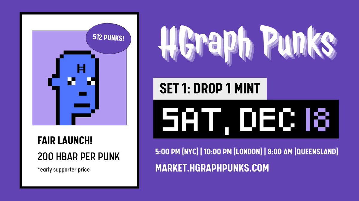 HGraphPunks's tweet photo. 🚨HGRAPH PUNKS 🚨

🚀SET 1: DROP 1 LAUNCH🚀

WHAT:
Fair Launch
512 Punks Available to Mint
(2 min cool down between mints)

WHEN:
Tomorrow, Dec 18th

Time:
5PM EST

Location:
https://t.co/Gd4aJ5YnWb

#nfts #nft #hedera #hederanft #hedera #hbar #HBARbarians #HBARbarian https://t.co/jRJUbHinor