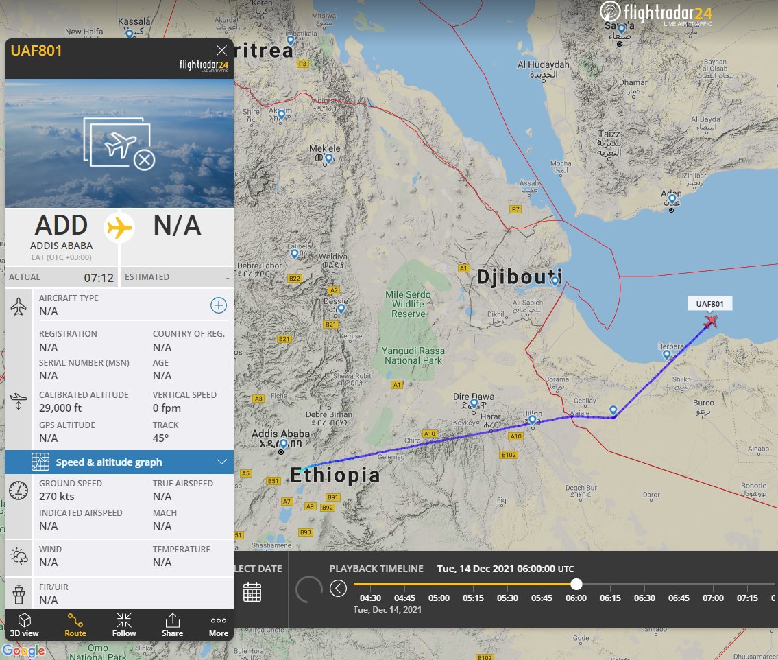 Gerjon_'s tweet photo. UAE Air Force reg. 🇦🇪 802/592000, a King Air, tracked landing at 🇪🇹Harar Meda Military Airport on 15 Dec 2021, the day after the return of 🇦🇪 801/591000 on the day prior (14 Dec 2021).
Note that 802 was not tracked since, so likely still at Harar Meda Airport. https://t.co/jvfwInAFRn