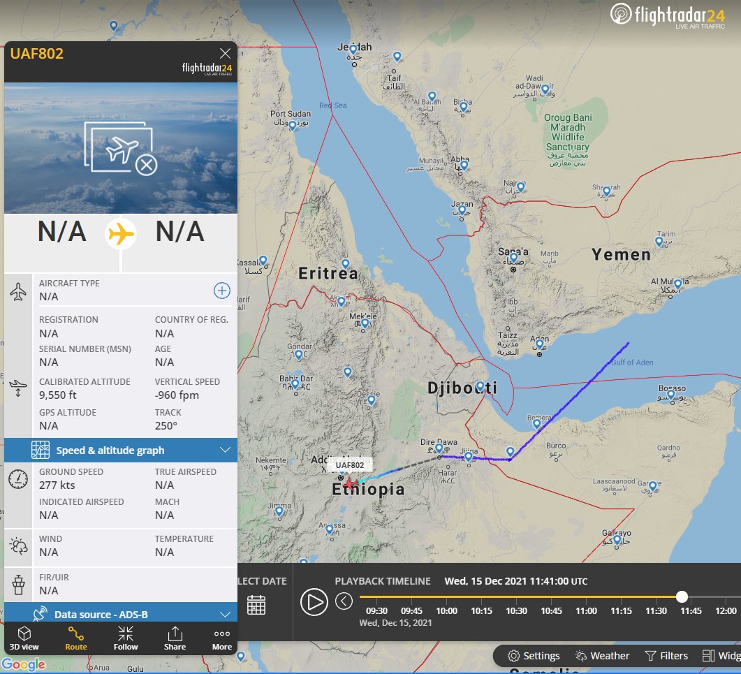 Gerjon_'s tweet photo. UAE Air Force reg. 🇦🇪 802/592000, a King Air, tracked landing at 🇪🇹Harar Meda Military Airport on 15 Dec 2021, the day after the return of 🇦🇪 801/591000 on the day prior (14 Dec 2021).
Note that 802 was not tracked since, so likely still at Harar Meda Airport. https://t.co/jvfwInAFRn