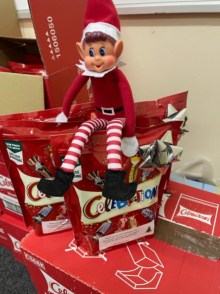 Happy the Pharmacy Elf has completed his quarantine period (having traveled from Durham to Darlington) and is helping the senior team hand out goodies to all staff members today