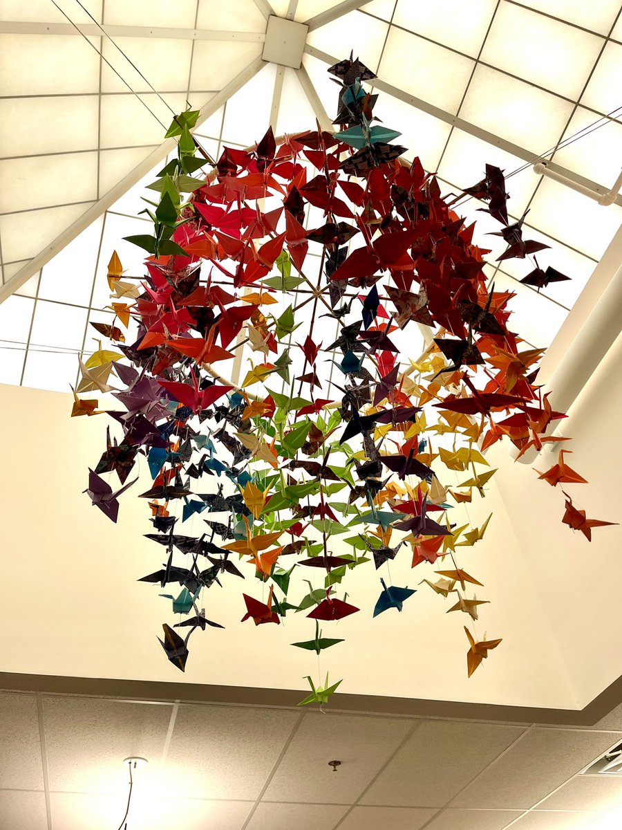 LewisHSLibrary's tweet photo. Ending this year on a high note! We installed our origami crane chandelier this morning. Cranes were made by Lewis students during our first Service Friday. Together we can make a difference! @findreadexplore @JohnLewisHSFCPS @FCPSR3 @FCPS_LIS @fcpsnews https://t.co/XtyiPyVtum