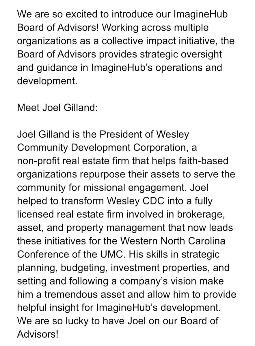 ImaginehubU's tweet photo. We are so excited to introduce our ImagineHub Board of Advisors! Working across multiple organizations as a collective impact initiative, the Board of Advisors provides strategic oversight and guidance in ImagineHub’s operations and development. 

Meet Joel Gilland: https://t.co/lkyP8NFqVM