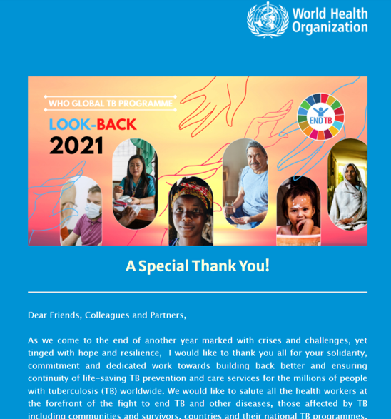 TerezaKasaeva's tweet photo. #CheckOut our comprehensive #LookBack at #EndTB efforts over 2021. I'd like to thank you all for your solidarity,commitment&amp;dedicated work in these difficult times towards saving the lives of millions w/ #TB. Looking forward w/ hope for a successful 2022. https://t.co/57b3NZrEGB https://t.co/NIPa1J1sjv
