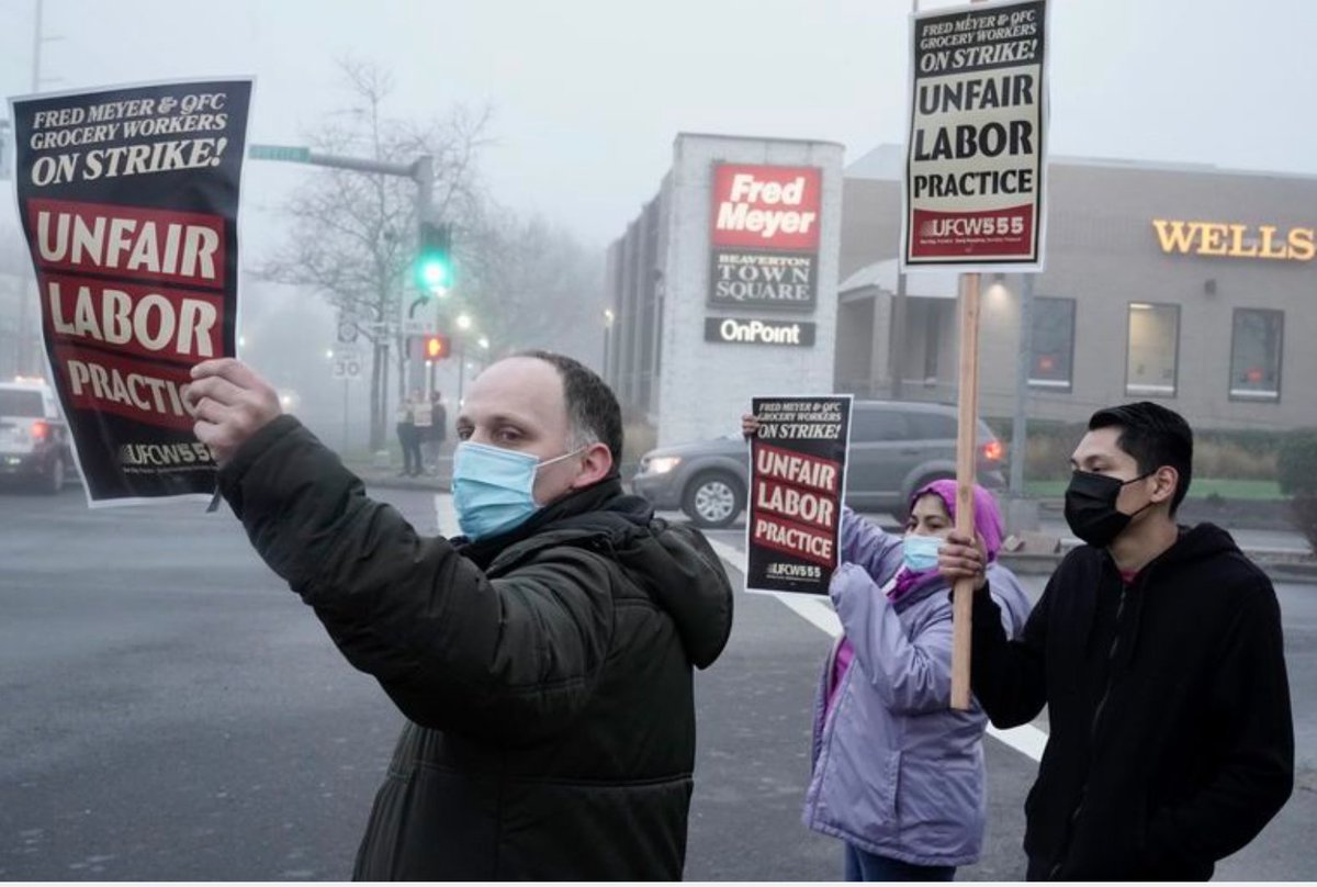 Photos of three people wearing masks and coats outside. It is foggy and in the background in a building with a Fred Meyer sign adjacent to an intersection. The people are holding signs that supporting the strike.