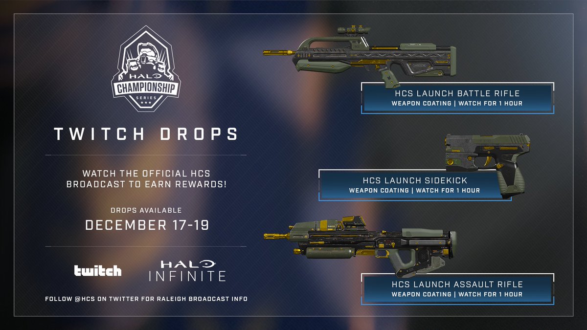 Halo's tweet photo. Don't miss out on this weekend's @Twitch Drops! 
1️⃣ Link your account on Halo Waypoint: https://t.co/sEdRF2zaLF
2️⃣ Tune into the HCS Raleigh Kickoff Major on Twitch
3️⃣ Sit back, relax, and enjoy the show!

As always, be sure to follow @HCS for all of the latest. https://t.co/XQyBndHMTz