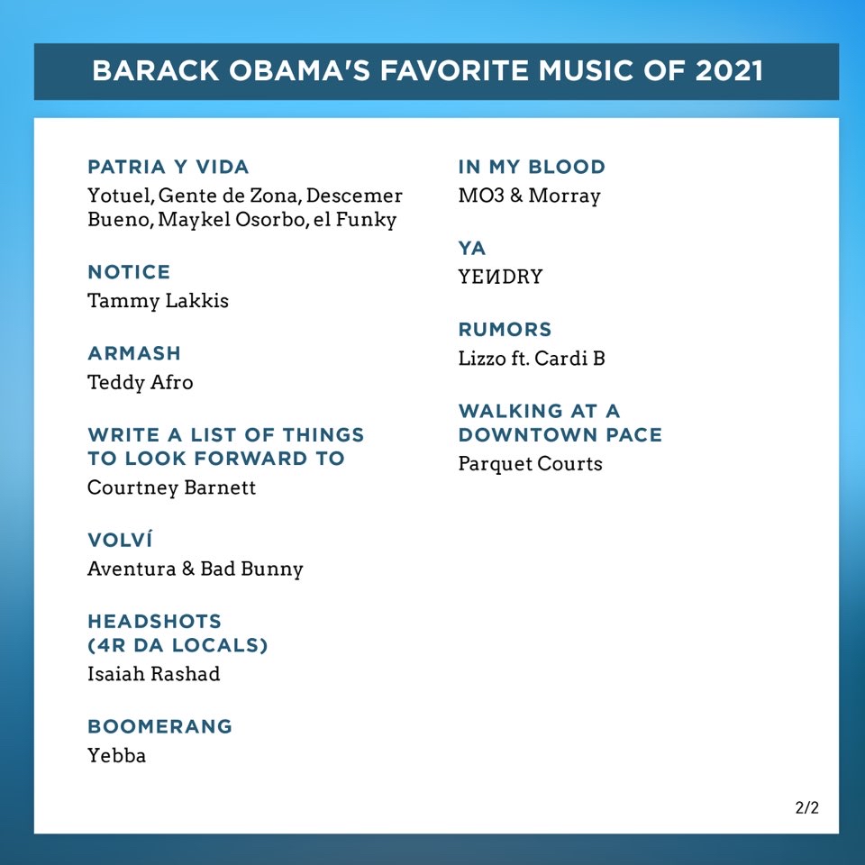 PopCrave's tweet photo. Barack Obama shares his favorite songs of 2021. 🎶 https://t.co/ywZnSLHY1k