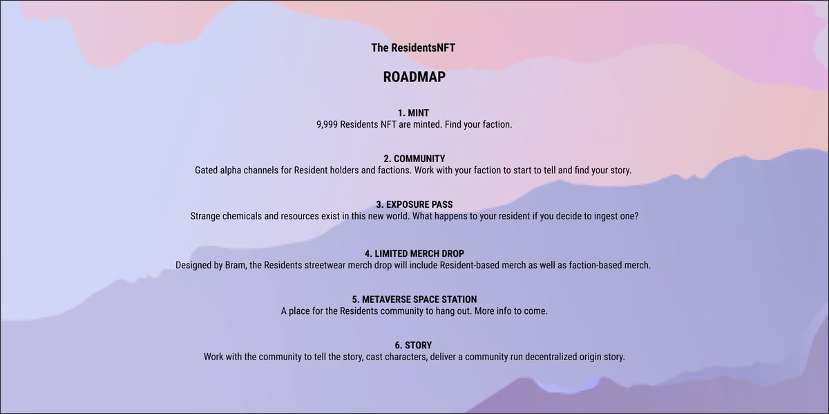 The Residents ๐ฐ | Coming Soon (@residentsnft) on Twitter photo Introducing the <a href="/ResidentsNFT/">The Residents ๐ฐ | Coming Soon</a> roadmap ๐
โจ MINT - find your faction
๐ Community - holder only channels
โ๏ธ Exposure Pass - stardust & mysterious resources
๐งข Merch Drop - #ResidentsNFT streetwear
๐ฐ๏ธ Space Station - in the Metaverse
๐ Story - community led #NFT origin story Introducing the <a href="/ResidentsNFT/">The Residents ๐ฐ | Coming Soon</a> roadmap ๐
โจ MINT - find your faction
๐ Community - holder only channels
โ๏ธ Exposure Pass - stardust & mysterious resources
๐งข Merch Drop - #ResidentsNFT streetwear
๐ฐ๏ธ Space Station - in the Metaverse
๐ Story - community led #NFT origin story