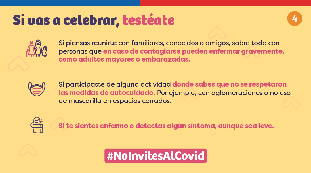 GobiernodeChile's tweet photo. En estas fiestas de fin de año, ¡#NoInvitesAlCovid! 🙅🏻‍♀️🦠 La pandemia aún no termina y es importante que celebremos de manera segura, siguiendo todas las medidas de autocuidado, aforos y recomendaciones para cuidar nuestra salud y la de quienes queremos 🙏🏻 ¡Sigue estos consejos! https://t.co/mFvBNxqHxm