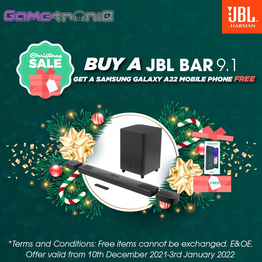 GametroniQ's tweet photo. #12dealsofchristmas 
4️⃣ is all about the love for #FreebieFriday 

Get the #Samsung #A22 Mobile Phone 📱 FREE when you purchase the #JBL 9.1 Soundbar. 

Offers valid till 3rd January 2022 at our @TheHubKaren @WestgateMallKe and @TwoRivers_KE branches

#Christmas #OffersAllTheWay https://t.co/toeMpXhcvG