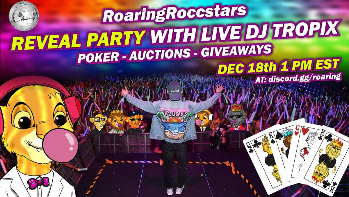 Casino_Cubs's tweet photo. 🎉 Massive Reveal Party Tomorrow 🎉 

The party will start at 1 PM EST Dec 18th. Inviting the #NFTCommunity 

1️⃣ Live DJ by @TropixOfficial  🎵
2️⃣ Poker Match with Prize worth 1 ETH+ 🃏 
3️⃣ $ROAR Auctions ⚒️ 
4️⃣ Giveaways 🤑

Venue: https://t.co/fbDV3r8bZf

B.Y.O.B 🍻

#NFT #NFTs https://t.co/C36qTKs4Ad
