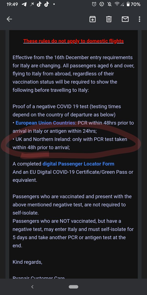 #Ryanair Please make sure you share updated info. Italy DOES NOT requires PCR test to get there. Check the law 
<a href="/Ryanair/">Ryanair</a> <a href="/Ryanair_IT/">Ryanair Italia</a> 
This is misleading!!! And not acceptable