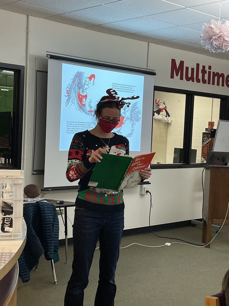 Our last #FirstChapterFriday of the semester we decided to go with a holiday classic: “The Grinch Who Stole Christmas”. <a href="/MelanieScovill/">Melanie Scovill</a> <a href="/longs_peakms/">Longs Peak Middle School</a> <a href="/SandyHeiser/">Sandy Heiser</a> #StVrainStorm #svvsdReads