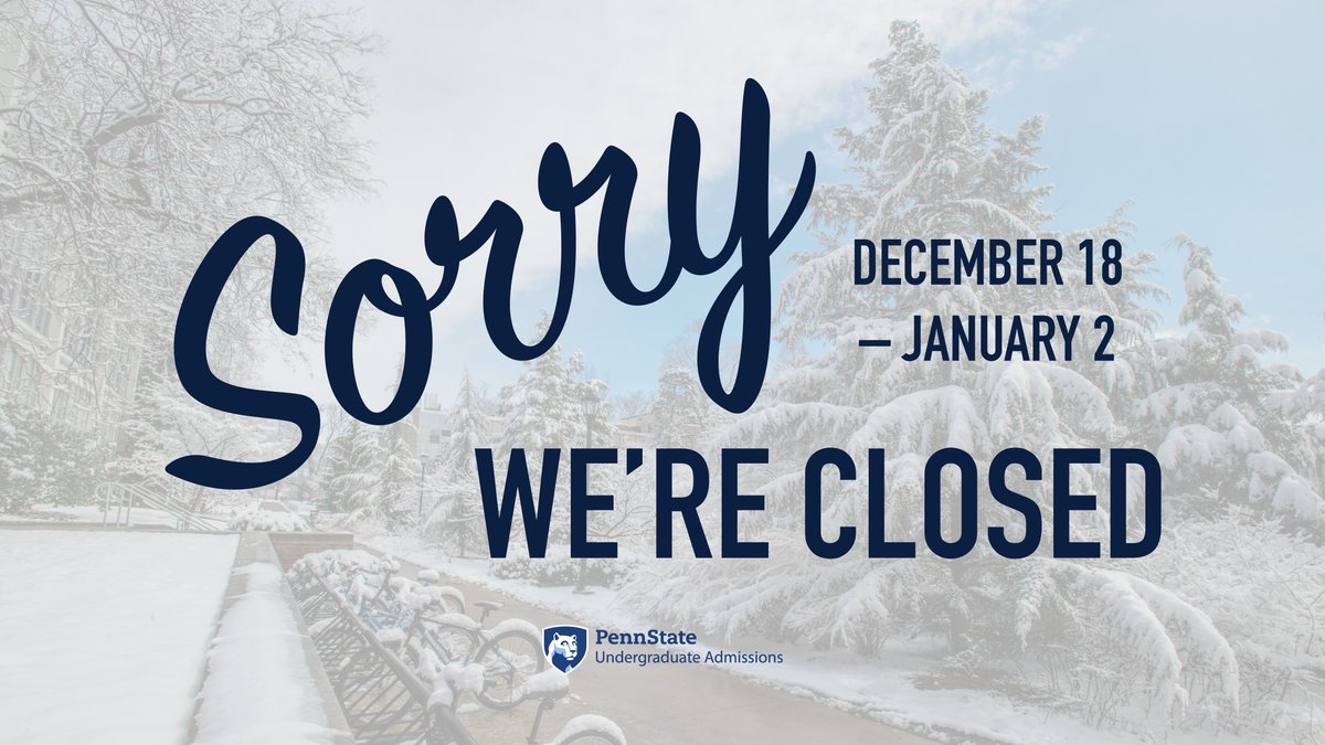 The Undergraduate Admissions Office will be closed from Dec. 18, 2021 through Jan. 2, 2022. We will resume normal business hours on Jan. 3, 2022. We hope you have a happy and safe winter break!❄️💙