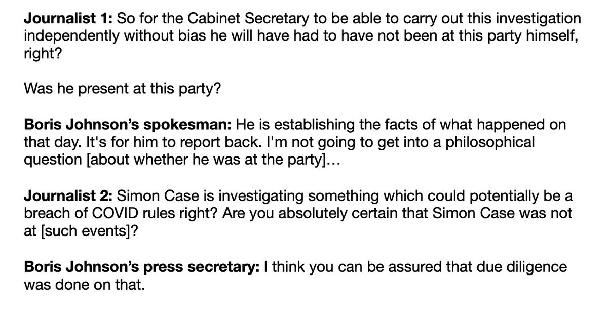 AdamBienkov's tweet photo. Simon Case steps down from the investigation into Downing Street parties after reports that he attended a lockdown party himself.

Here’s how Boris Johnson’s spokespeople responded when asked about this last week. https://t.co/gkFNWoUgx7