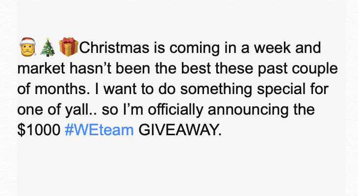 YoyoTrading's tweet photo. $1K Christmas Giveaway 🎅🎄🎁
To enter simply: 
- Follow Twitter @Tradingyoyo 
- Tweet @Tradingyoyo and tell me what your TOP stock pick is for next week 🔥🔥 

Winner will be announced Dec 24th. Good luck everyone! https://t.co/4u586z3EWS