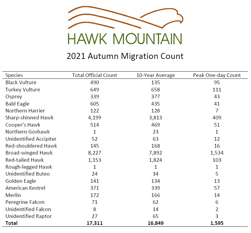 Hawk_Mountain's tweet photo. The final count is in for our 2021 Autumn Migration Hawkwatch! Overall it was an above-average season, but not all species experienced it. Stay tuned for a summary of this fall season coming soon!

Check out the count break down on our dunkadoo page at https://t.co/5gGfrjRjrn. https://t.co/PoHyRHIZGt