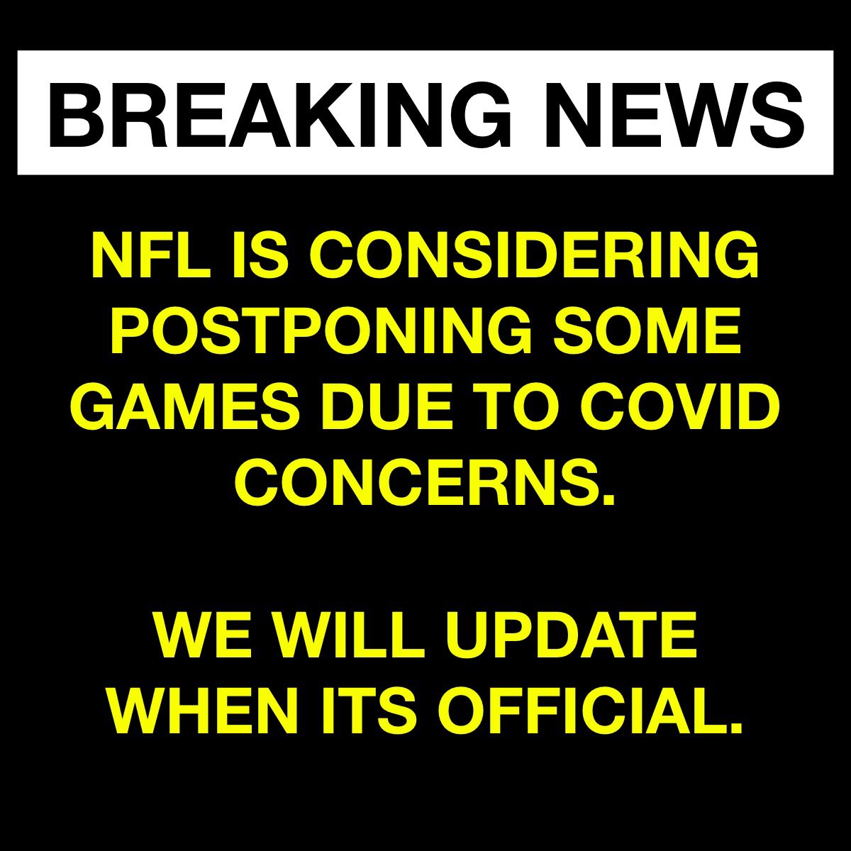 capssportsgrill's tweet photo. BREAKING NEWS!!
NFL is planning on postponing some Week 15 games due to COVID concerns. We will update when it is official with which games and the day and time they will be moved to.
#NFL #capssportsgrill #NFLSunday #nflsundayticket #GamesWithSound https://t.co/zilz1kgUL9