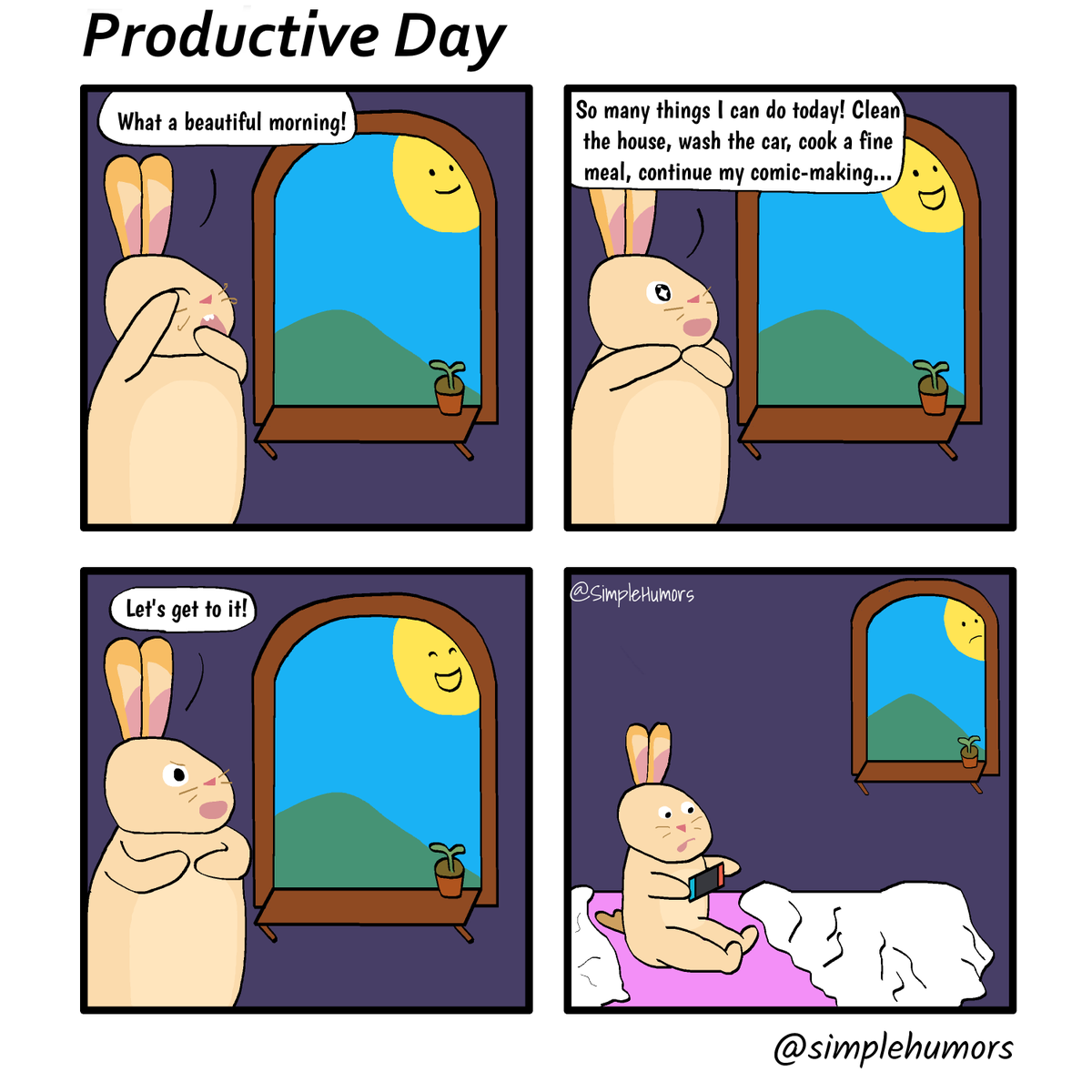 SimpleHumors's tweet photo. My plan for today 😅

#SimpleHumors #webcomic #webcomics #originalcomic #productive #unproductive #bedroom #planningmyday #relatable #relax #bunny #goldenbunny #animalcomic https://t.co/lVWfMqpuaT