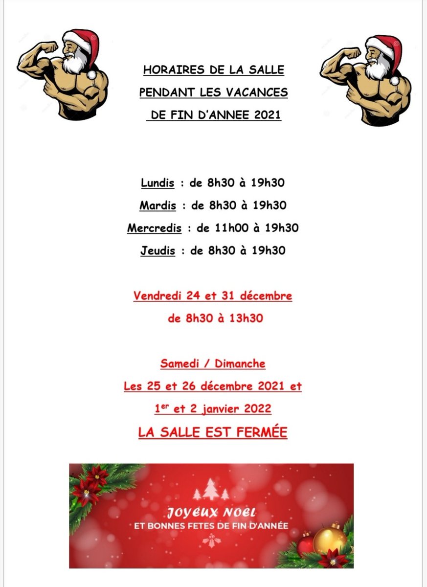 Bonjour ^^ 😉
Voici les horaires de la salle enfant les vacances de fin d'année.
Les membres du bureau vous souhaite de bonnes fêtes !!! 🧑‍🎄