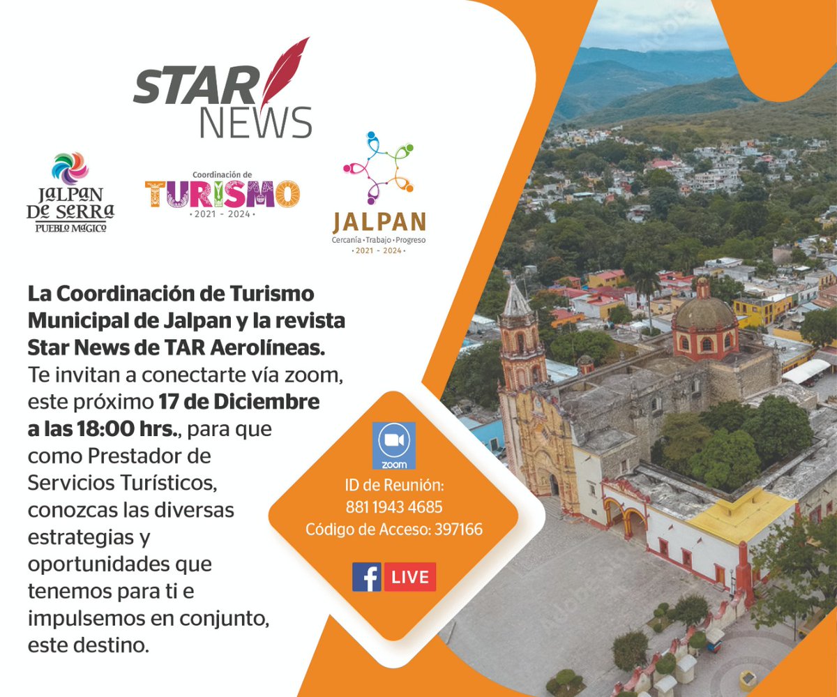 Si eres #agenciadeviajes, te interesará. Hoy hablaremos sobre las Estrategias de Difusion Nacional para #Jalpan, en coordinación del Turismo Municipal de Jalpan. 
Nos vemos hoy por Facebook live. 
fb.me/e/24RI733w8