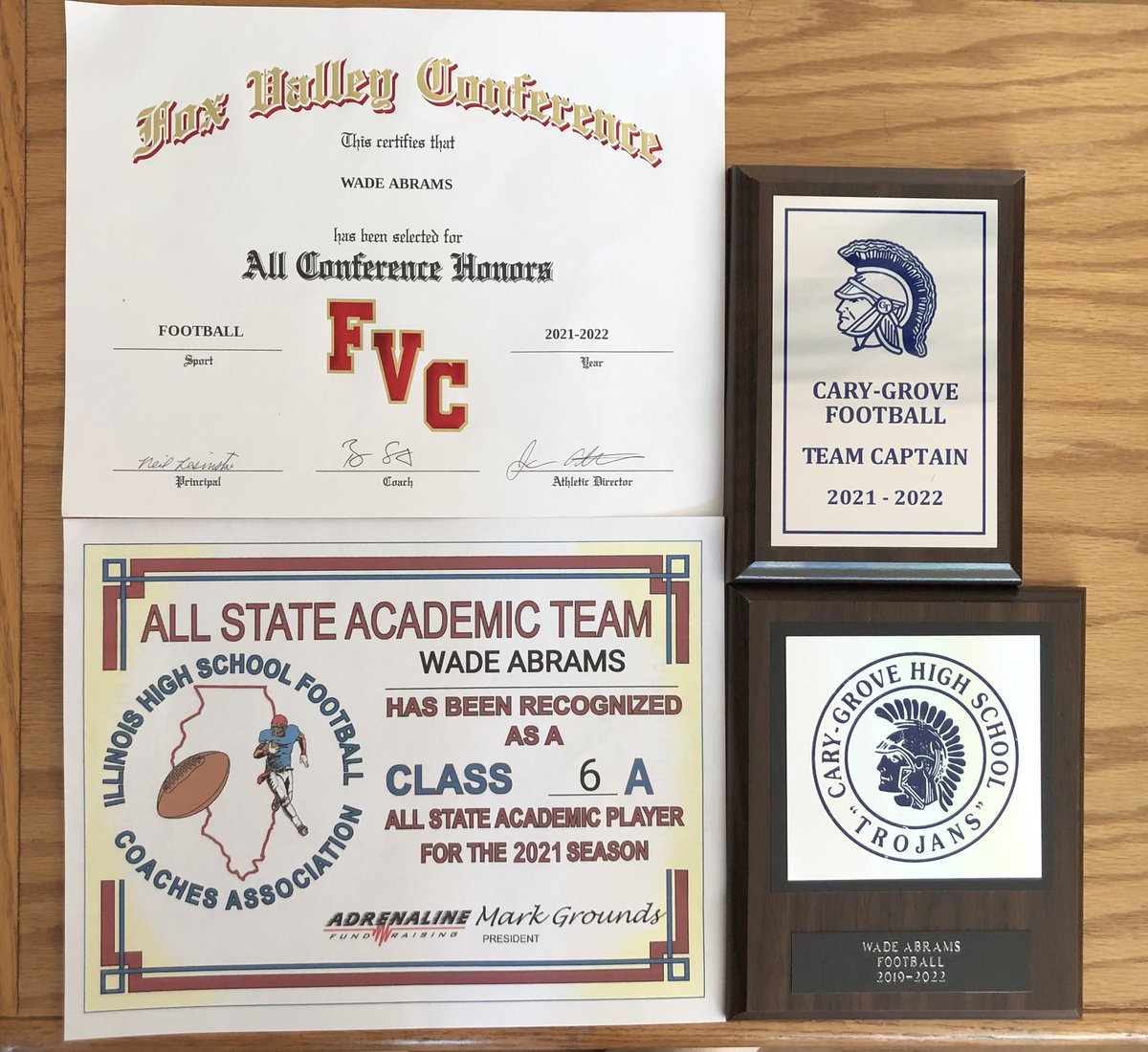 I want to thank Cary Grove football and all of my coaches. I have learned many things from Cary Grove football and I hope to use those lessons in my future. I also want to thank all of my teammates for making such a memorable season and honoring me as team captain. <a href="/CGTrojanFB/">Trojan Football</a>