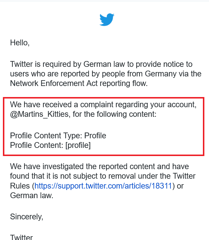 Martins_Kitties's tweet photo. #FakeResisters filing false reports with foreign governments

Received this report about my profile this morning

I am taking my talents elsewhere, where there is not hate directed at me daily, for just sharing ideas and creativity

Twitter encourages more hate after 2020 https://t.co/3oRV5mOJpS