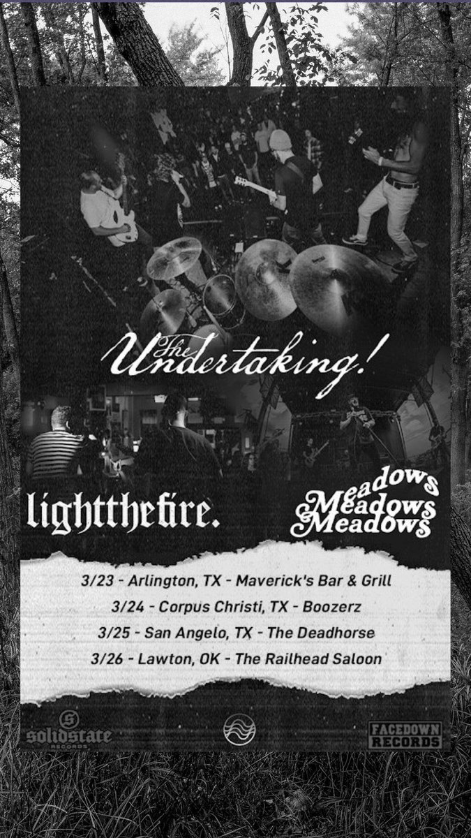 HEYOO! we’re headed out to Texas and Oklahoma with some pals! Let's goooo! Stoked to jam with <a href="/lightthefiretx/">Light the Fire</a> and <a href="/MDWSband/">Meadows</a> 

3/23 - Arlington, TX - Mavericks
3/24 - Corpus Christi - Boozerz
3/25 - San Angelo - The Deadhorse
3/26 - Lawton, OK - The Railhead Saloon

More info soon