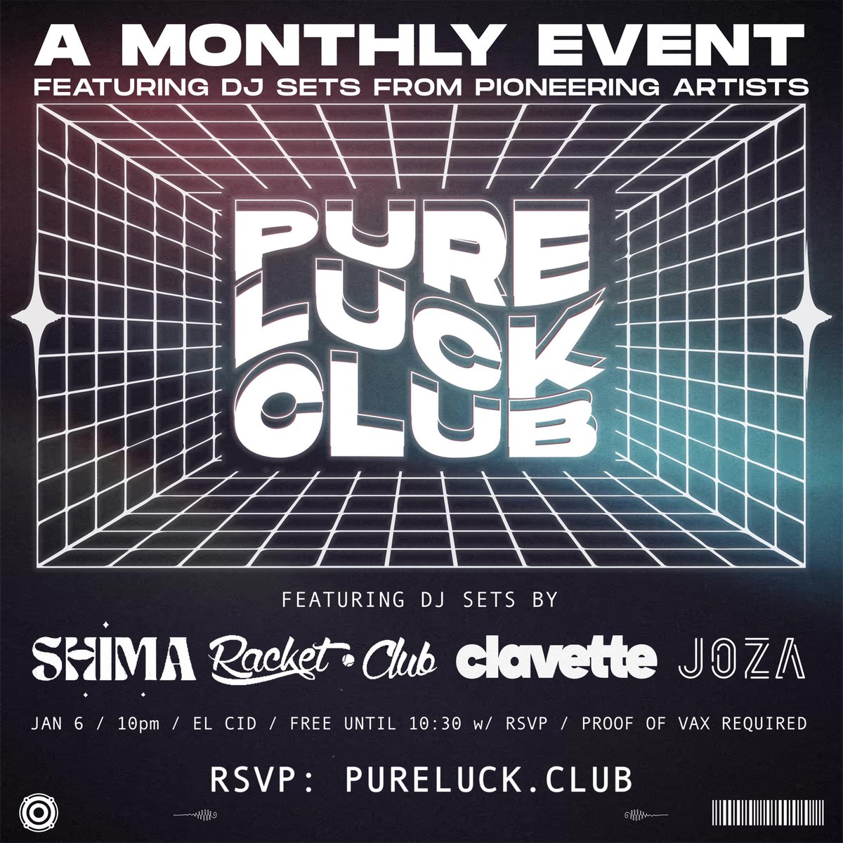 .<a href="/pureluckclub/">pureluck.club</a> returns 1/6/22 and will feature sets from <a href="/ShimaBanana7/">SHIMA</a>, <a href="/clavettemusic/">clavettemusic</a>, <a href="/RacketClubbb/">Racket Club 🕺🏻</a>, &amp; <a href="/jozamusic/">Joza</a>! Free with RSVP tickets available now! found.ee/lHApD