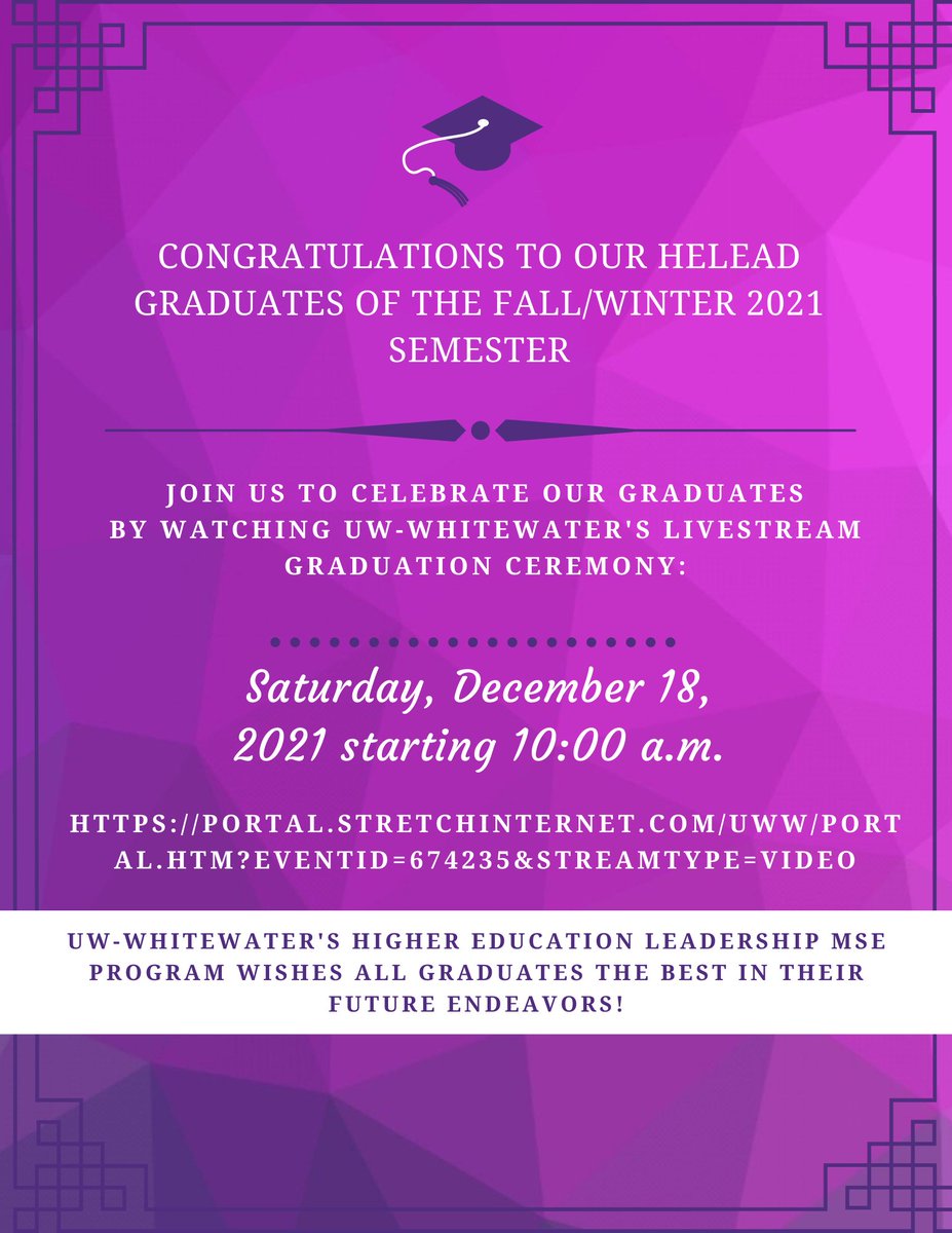On December 18, 2021 at 10:00 a.m. help us celebrate our graduates and watch UW-Whitewater's Commencement Livestream: portal.stretchinternet.com/uww/portal.htm…