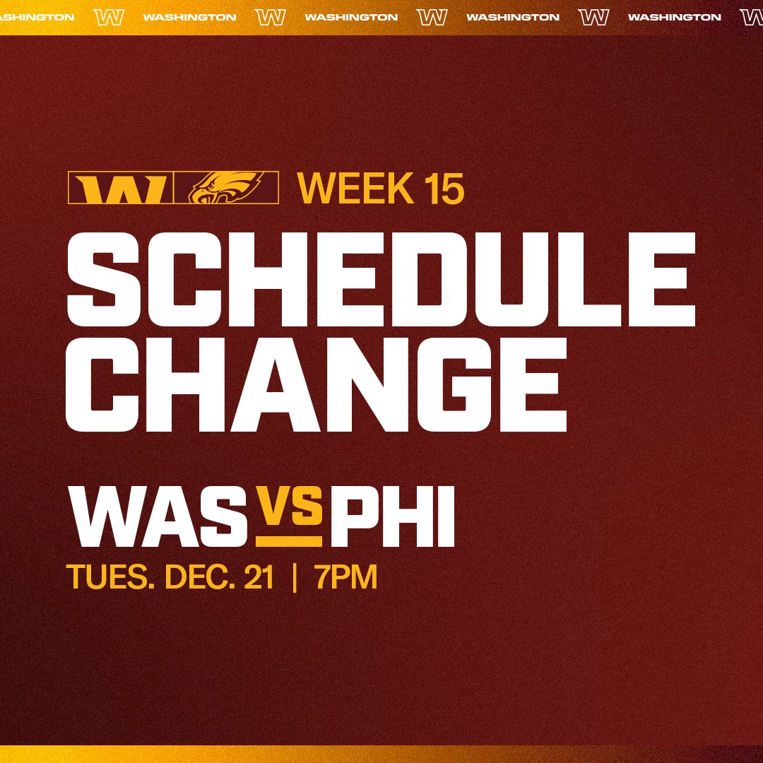 Commanders's tweet photo. Our Week 15 game has been moved to Tuesday https://t.co/XYxP3xdXAq
