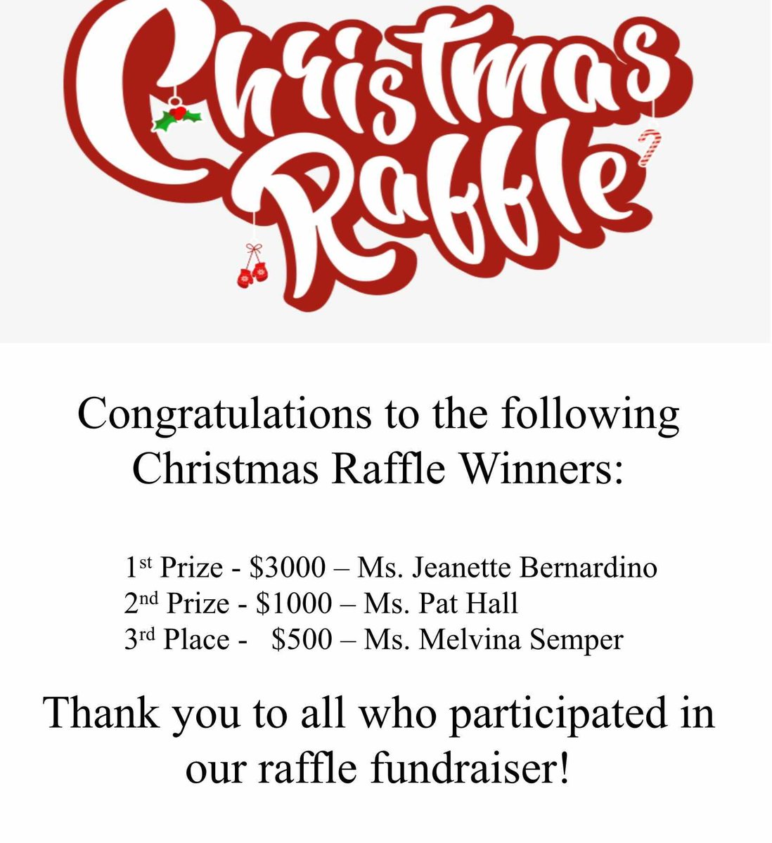olscafp's tweet photo. Congratulations to our Christmas Raffle winners! Thank you so much for everyone who participated in this fundraiser. https://t.co/JpUSRQJcQn
