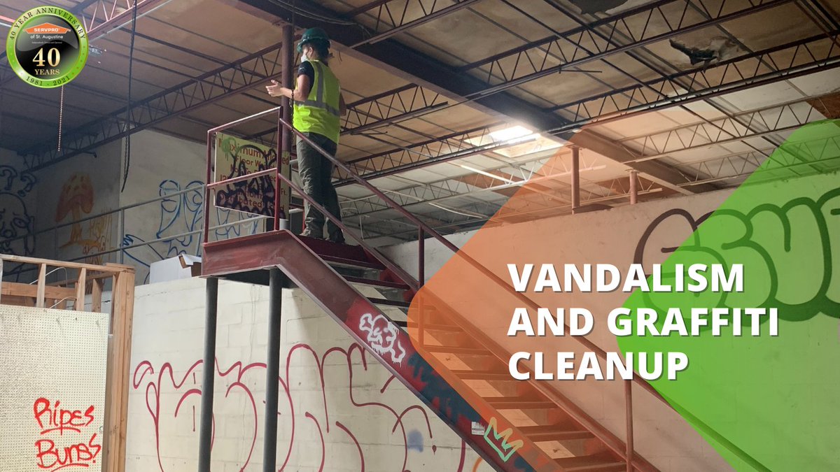 SERVPROStAug's tweet photo. We understand how frustrating it can be when your commercial space is vandalized. Call us at 904-829-0665 and we will quickly remove #vandalism and #graffiti. We can also clean driveways, walkways, asphalt, metals, wood, glass, plastic, and masonry. https://t.co/BLhBzASpvs