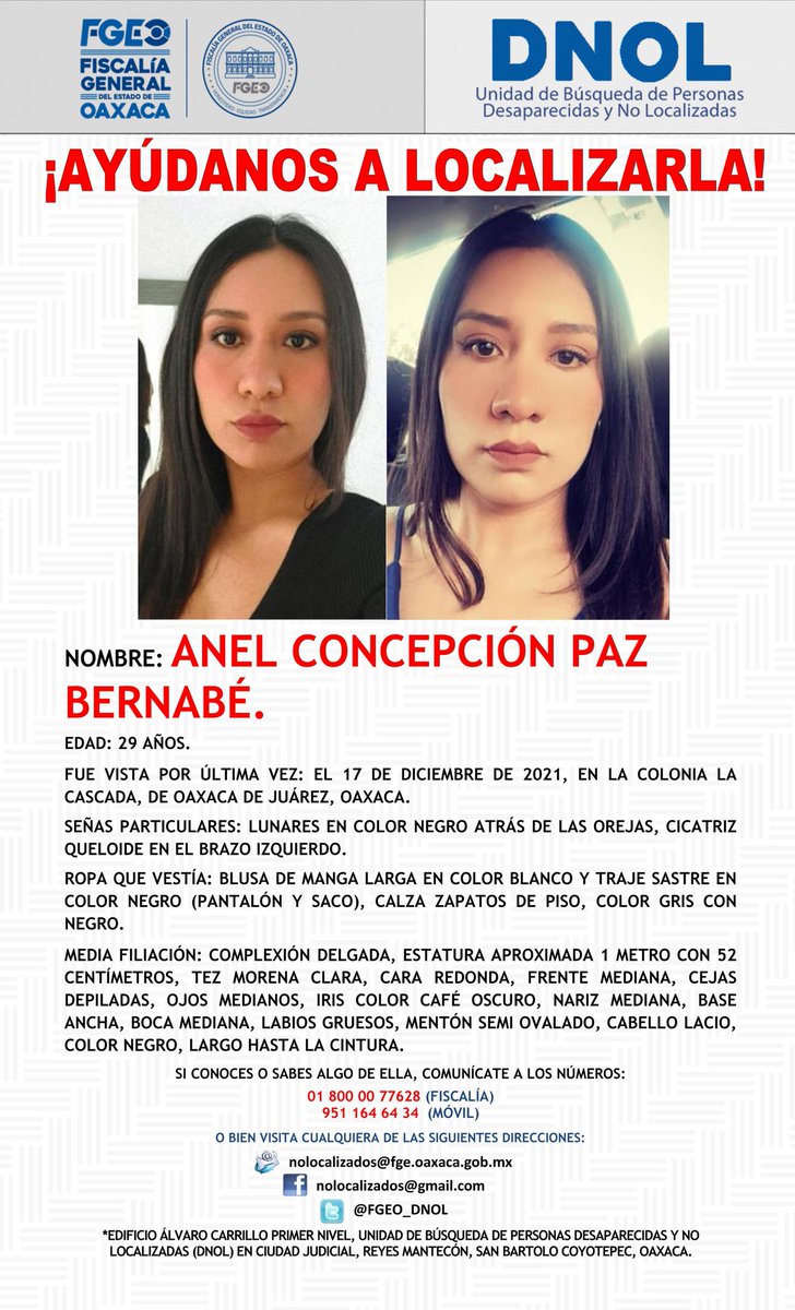 OaxacaPolitico's tweet photo. 🗣Te buscamos Anel Concepción Paz Bernabé

Salió este viernes temprano de su casa en la Colonia La Cascada, en el municipio de #Oaxaca de Juárez hacia su trabajo, pero nunca llegó. Pedimos su apoyo para difundir y dar con su paradero. https://t.co/UEzJZoBvrZ
