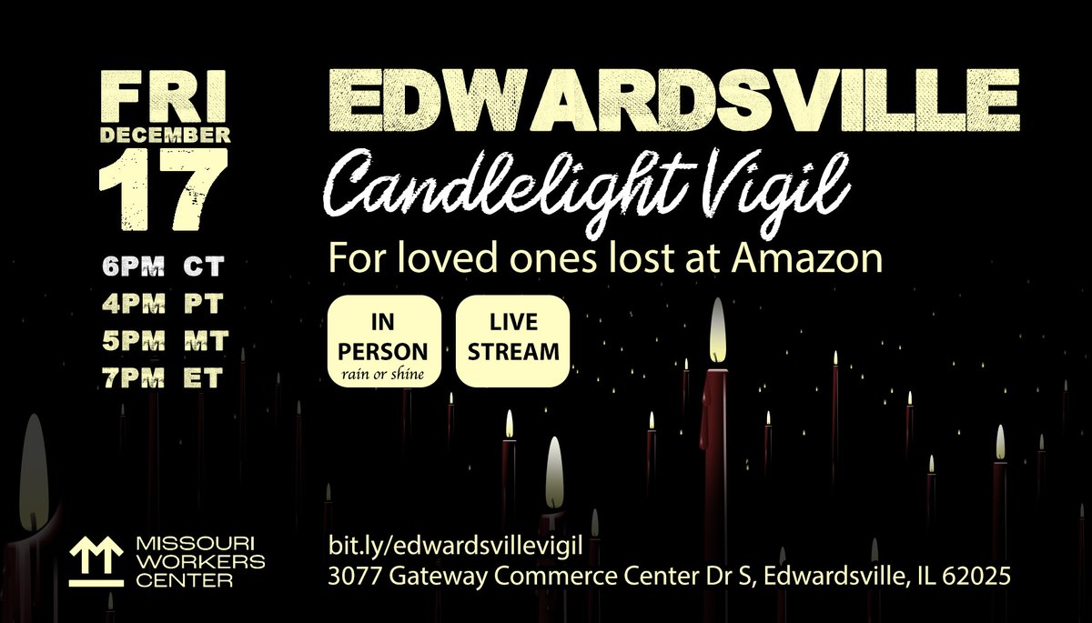 AlwaysESSNTL's tweet image. Live tonight: Candlelight Vigil for Amazon Workers lost to #AmazonTornado with @moworkerscenter Rep @CoriBush and community. 

RSVP here to join the livestream or in-person event in Edwardsville, Illinois. bit.ly/edwardsvillevi…