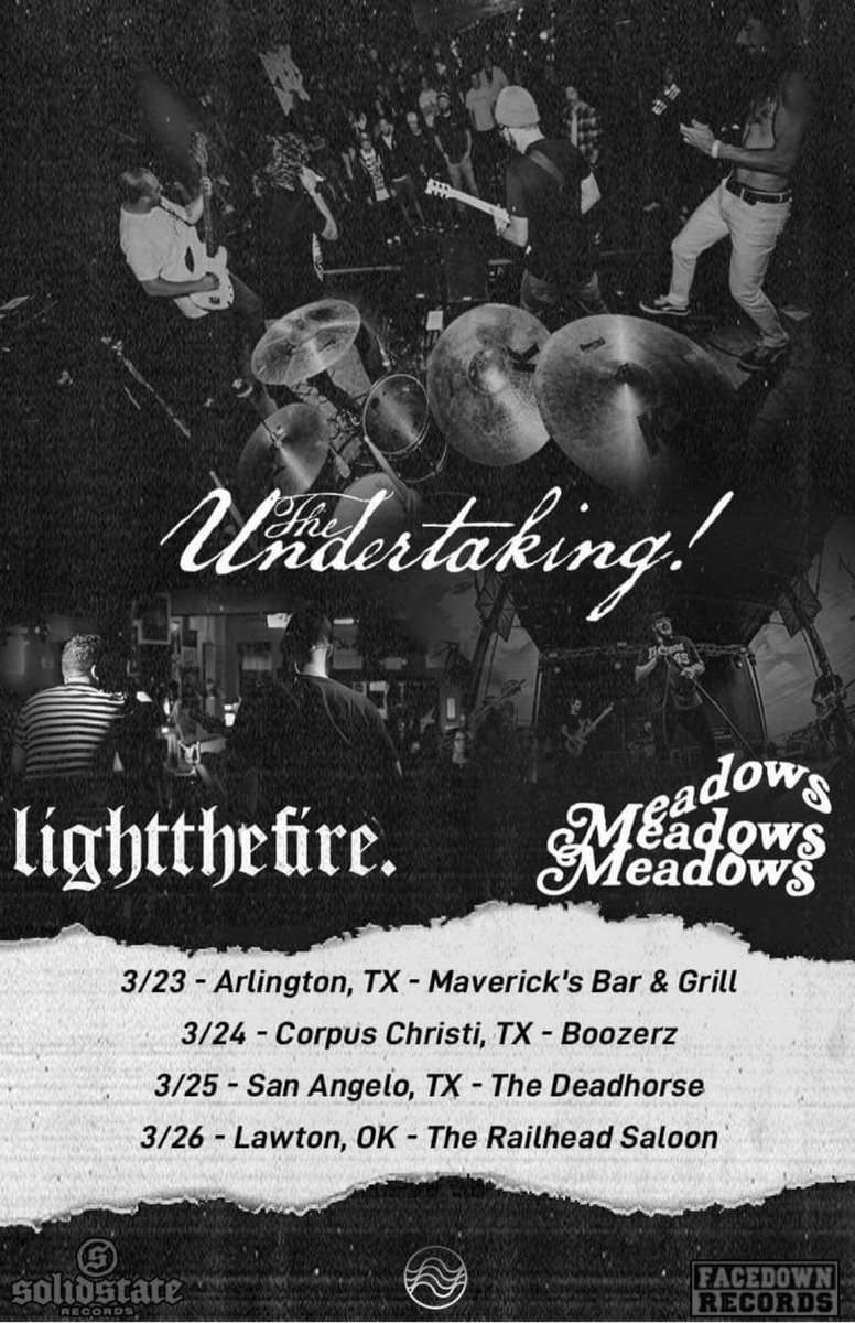 🚨TOUR ANNOUNCEMENT🚨

Stoked for this run with our new homies <a href="/_theundertaking/">The Undertaking!</a> and <a href="/MDWSband/">Meadows</a>!

3/23 - Arlington, TX - Mavericks
3/24 - Corpus Christi - Boozerz
3/25 - San Angelo - The Deadhorse
3/25 - Lawton, OK - Railhead Saloon

Let’s goooo