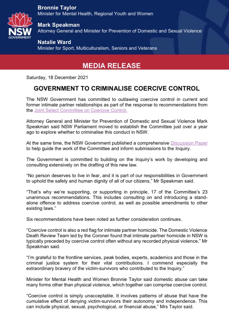 MarkSpeakman's tweet photo. βοΈ NSW will move (with great caution and extensive consultation) to criminalise #CoerciveControl.
βοΈ Itβs a red flag for later intimate partner homicide. Itβs also obnoxious in its own right, placing victim-survivors in constant fear and robbing them of their autonomy. #VAW 1/2 https://t.co/UIWYiafZQ5