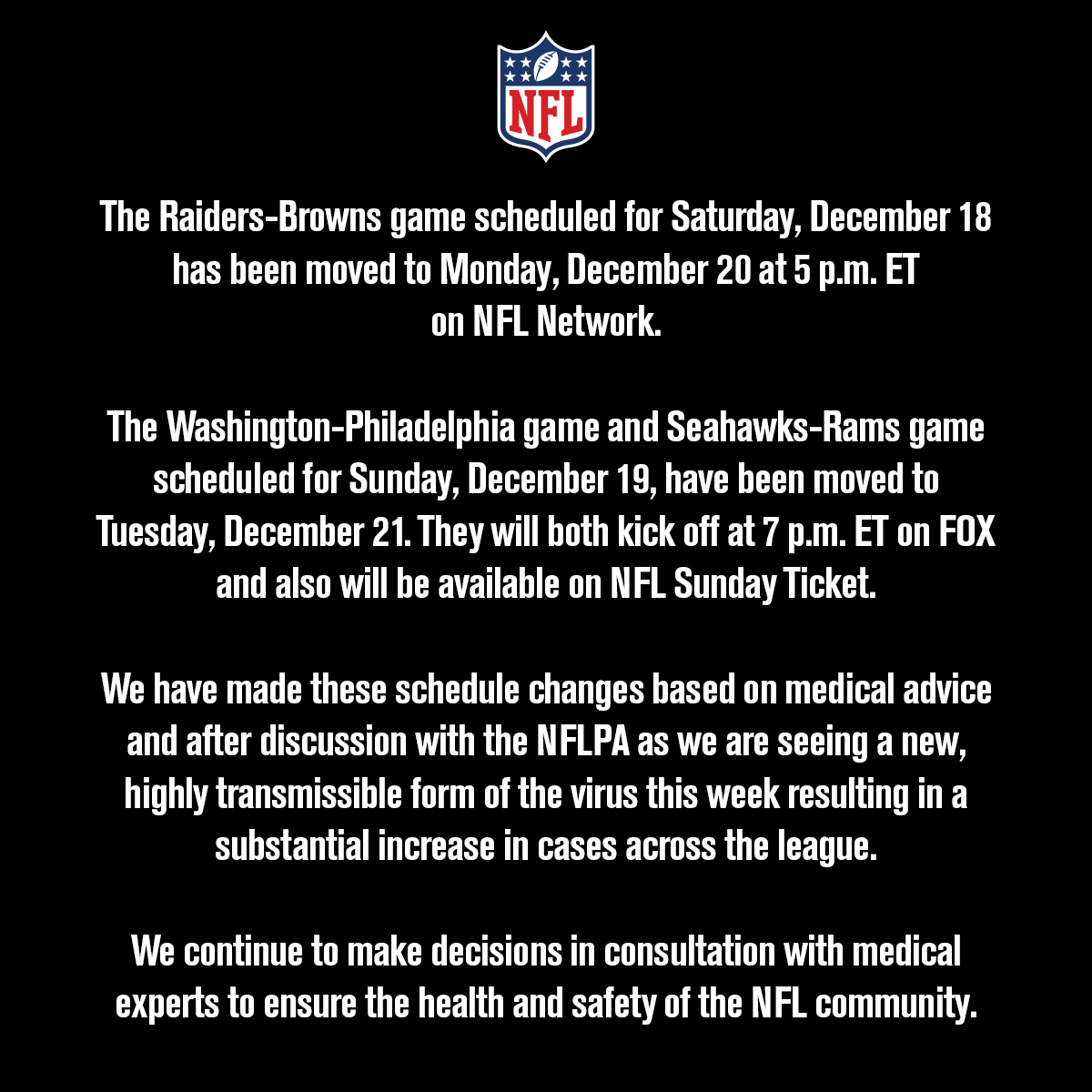 Why are there NFL games on Saturday? The reason for league's expanded  schedule in Week 15