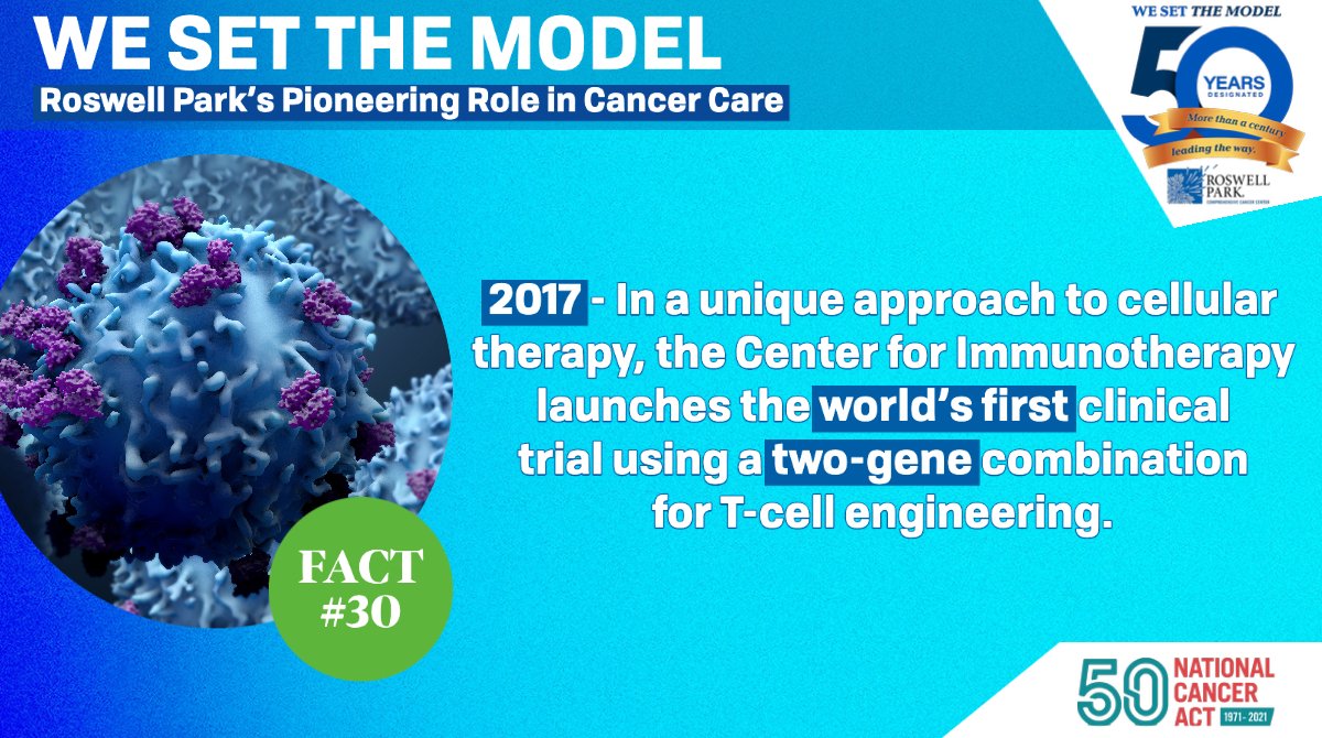 RoswellPark's tweet photo. In 2017, our Center for Immunotherapy launched the world's 1st trial using a two-gene combination for T-cell engineering.

We continue our celebration of the NCA's 50th anniversary with our next #WeSetTheModel fact. 
To learn more visit: https://t.co/0zWTIJTnti
#NothingCanStopUs https://t.co/HXHvUx9kP7